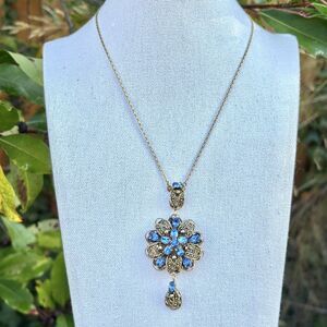 Vintage Czech Filigree Necklace Blue Glass Rhinestone Drop Pendant 17” Brass